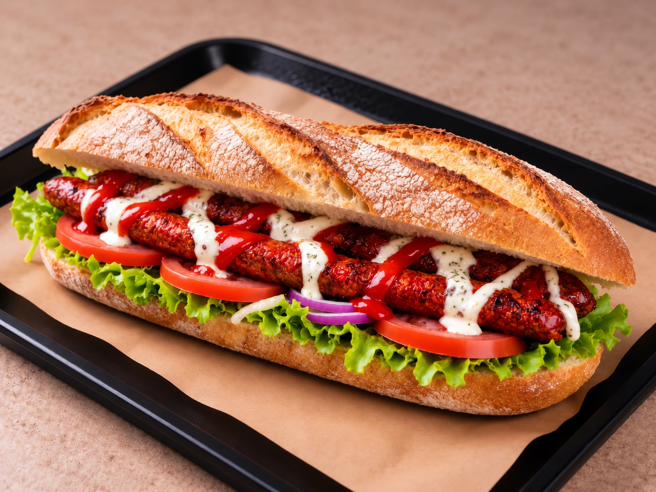 Baguette garnie de merguez grillées, salade, tomates, oignons rouges, ketchup et sauce blanche chez Tamaris Food