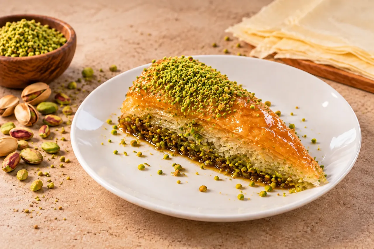 Part de baklava aux pistaches sur une assiette blanche