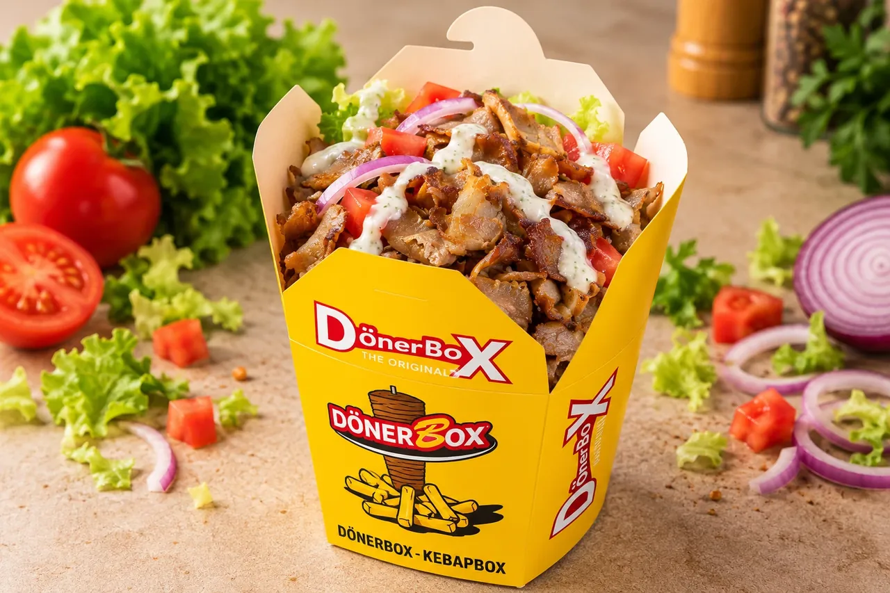 Box kebab garnie de viande, de tomates, de salade, d'oignons rouges et de sauce blanche