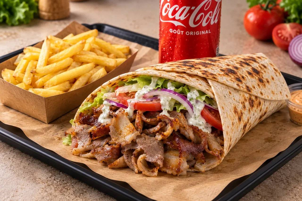 Galette kebab grillée servie avec des frites et une canette de Coca-Cola