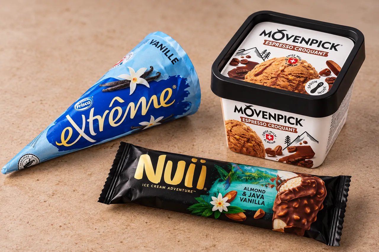Glaces en cornet, en pot et en bâtonnet chocolaté