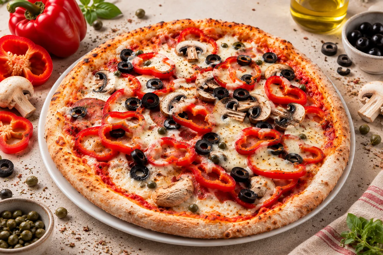 Pizza garnie de poivrons rouges, olives noires et champignons sur une planche