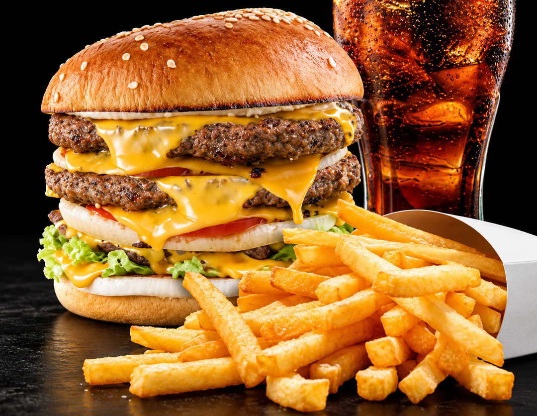 Double cheeseburger servi avec des frites et une boisson